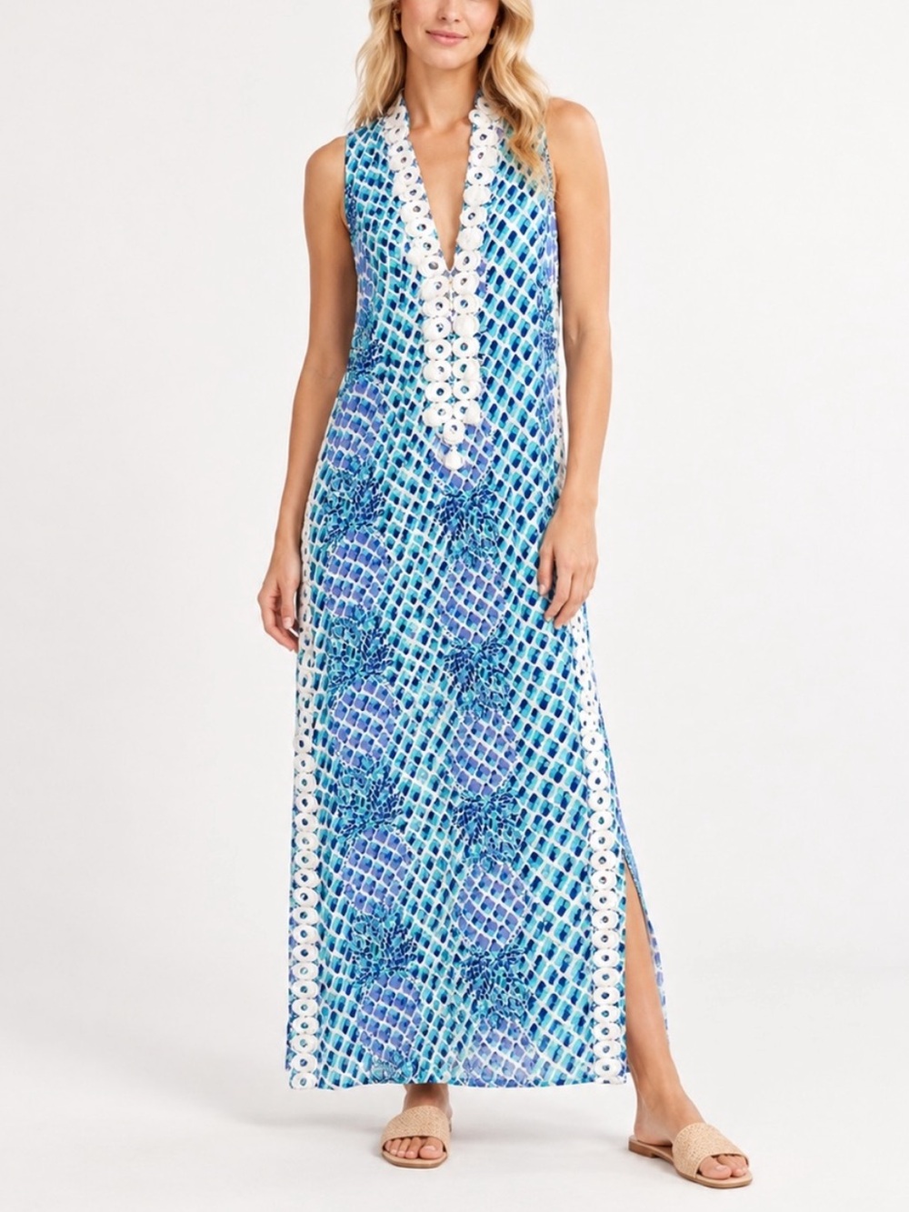 Lilly Pulitzer Jane Maxi Dress Blue Pineapple Print  White Trim 8 6065